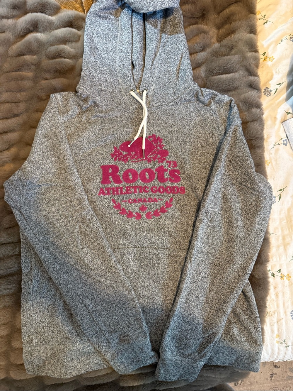 Roots Heather Gray Hoodie with Pink Logo
